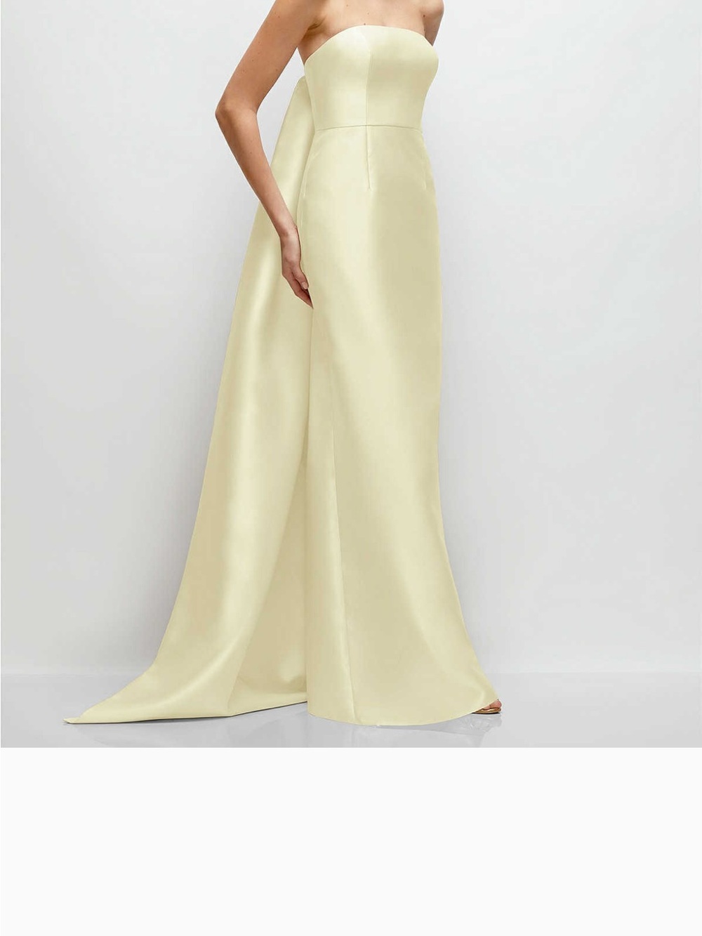 DessySTRAPLESS SATIN COLUMN DRESS WITH REMOVEABLE WATTEAU TRAIN IN BUTTER YELLOW